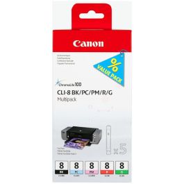 Cartouches d'origine 0620B027 / CLI-8 Canon - multipack 5 couleurs : noire, cyan photo, magenta photo, rouge, verte