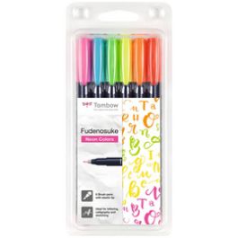 Tombow Stylo de calligraphie Fudenosuke fluo, kit de 6